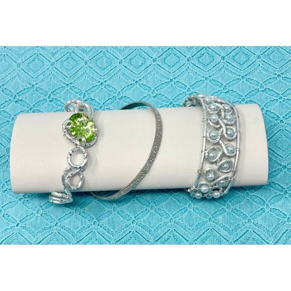 Three Bracelets - Wire Wrapped Green Stone, Light Blue Pearls, & Sparkly Bangle - Picture 1 of 5